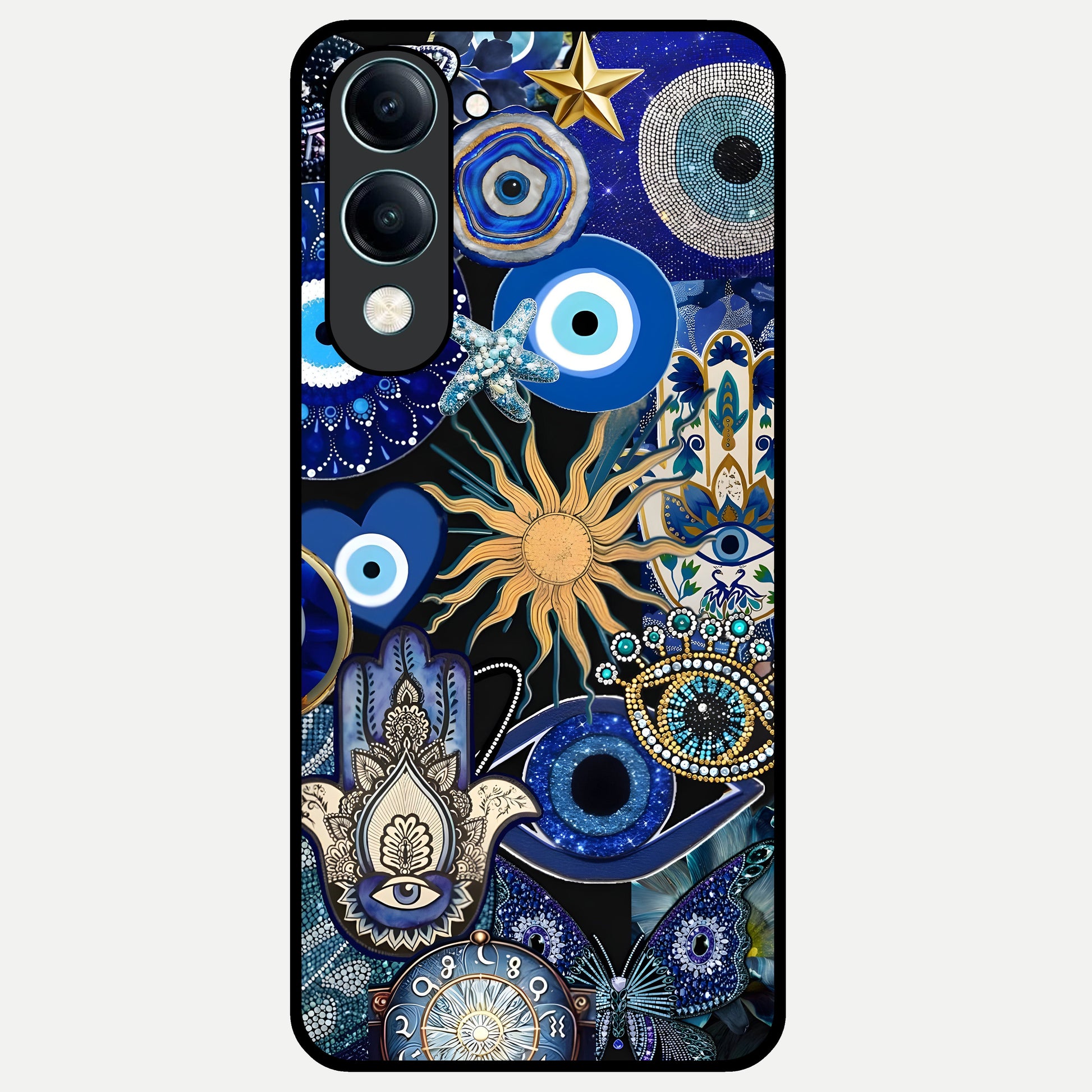 Mystic Blue Evil Eye Glass Case for iQOO Z10 Lite back cover – full design glossy printed glass finish