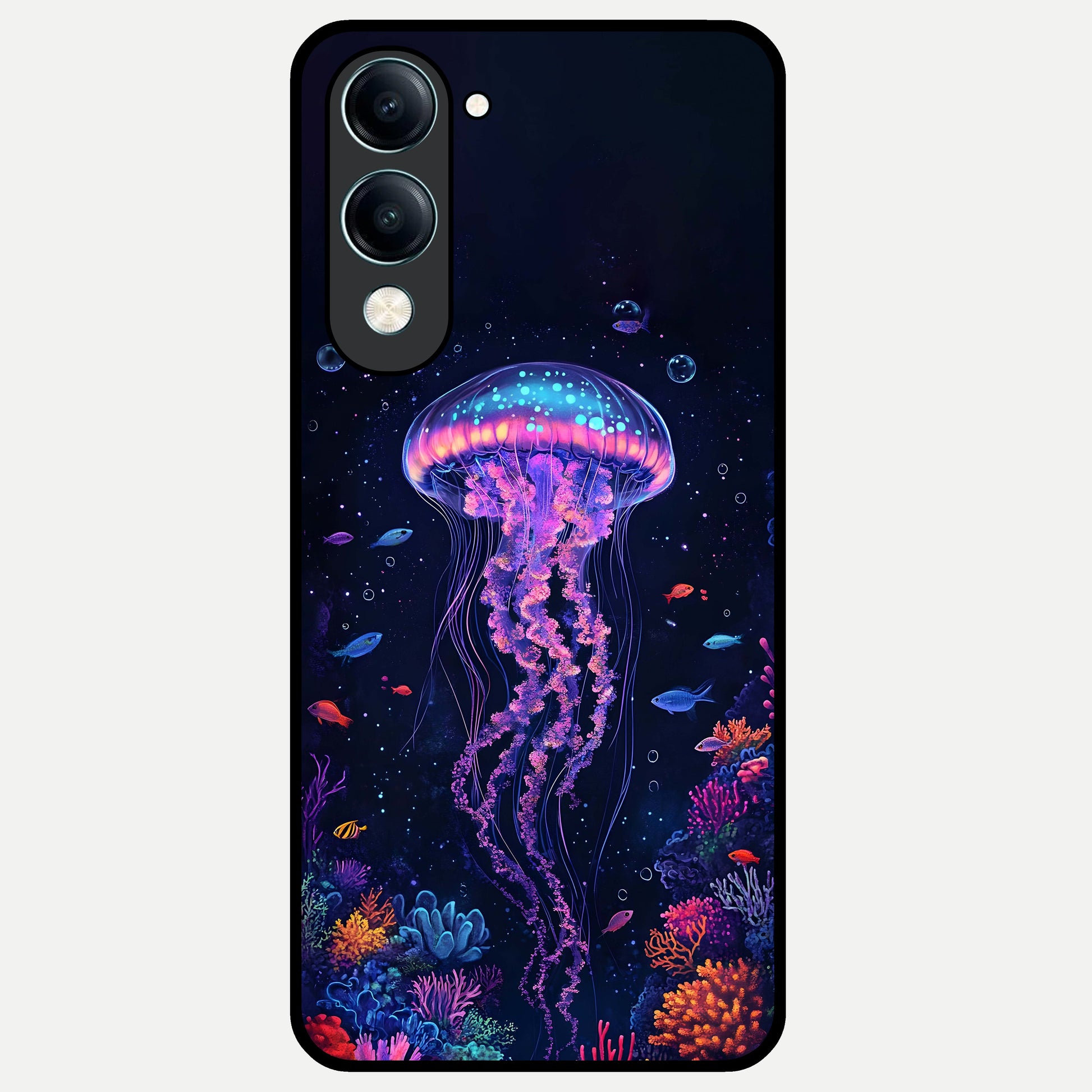  Neon Jellyfish Glass Case for iQOO Z10 lite back cover – full design glossy printed glass finish