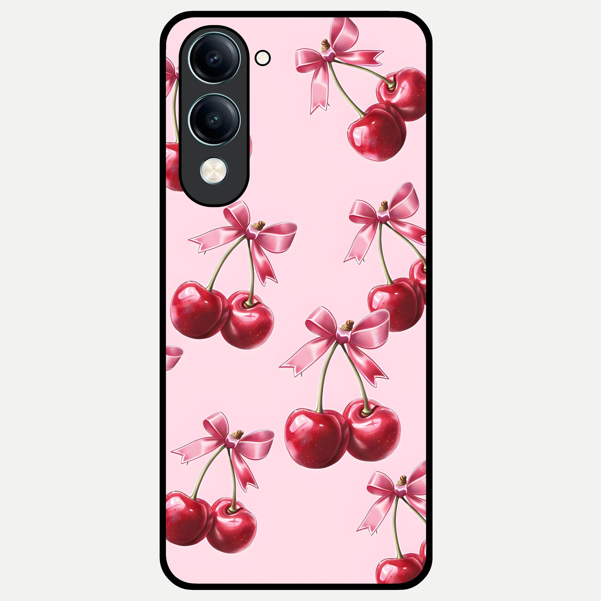  Red Cherries Pattern Glass Case for iQOO Z10 Lite back cover – full design glossy printed glass finish