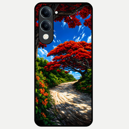  Red Trees Pathway Glass Case for iQOO Z10 lite back cover – full design glossy printed glass finish