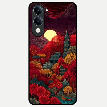  Scarlet Autumn Temple Glass Case for iQOO Z10 lite back cover – full design glossy printed glass finish