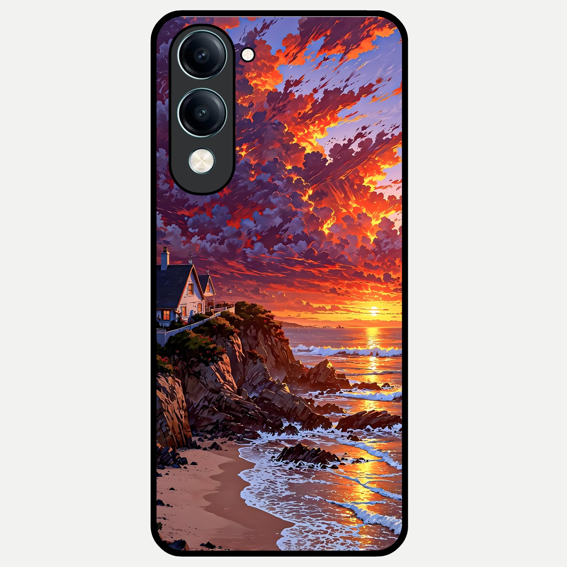  Sunset House By Sea Glass Case for iQOO Z10 Lite back cover – full design glossy printed glass finish