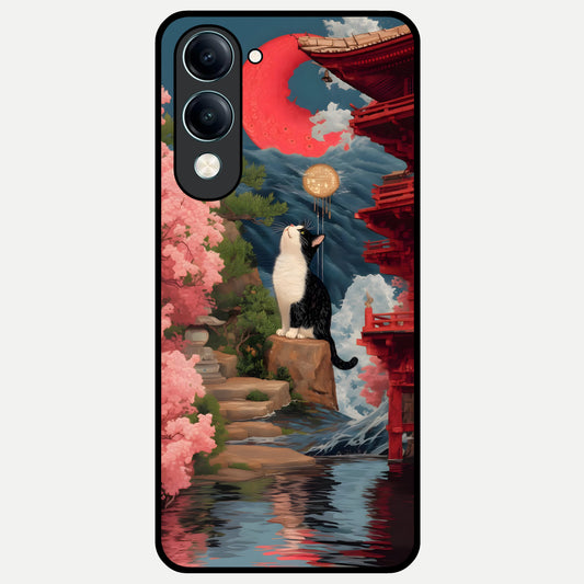  Temple Cat Scenery Glass Case for iQOO Z10 Lite back cover – full design glossy printed glass finish