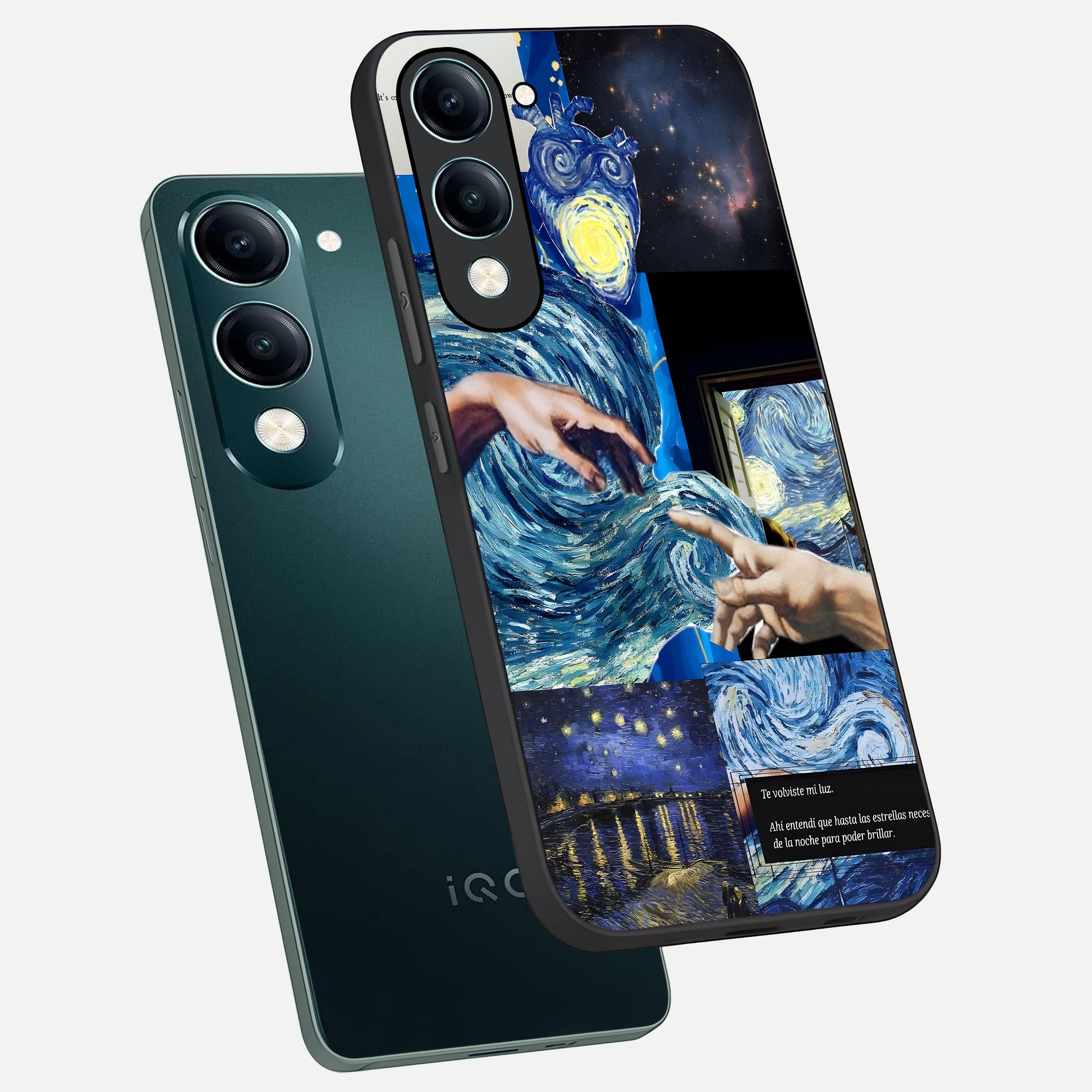  Aesthetic Vando Hands phone case for iQOO Z10 Lite showing premium glass back cover with detailed artwork