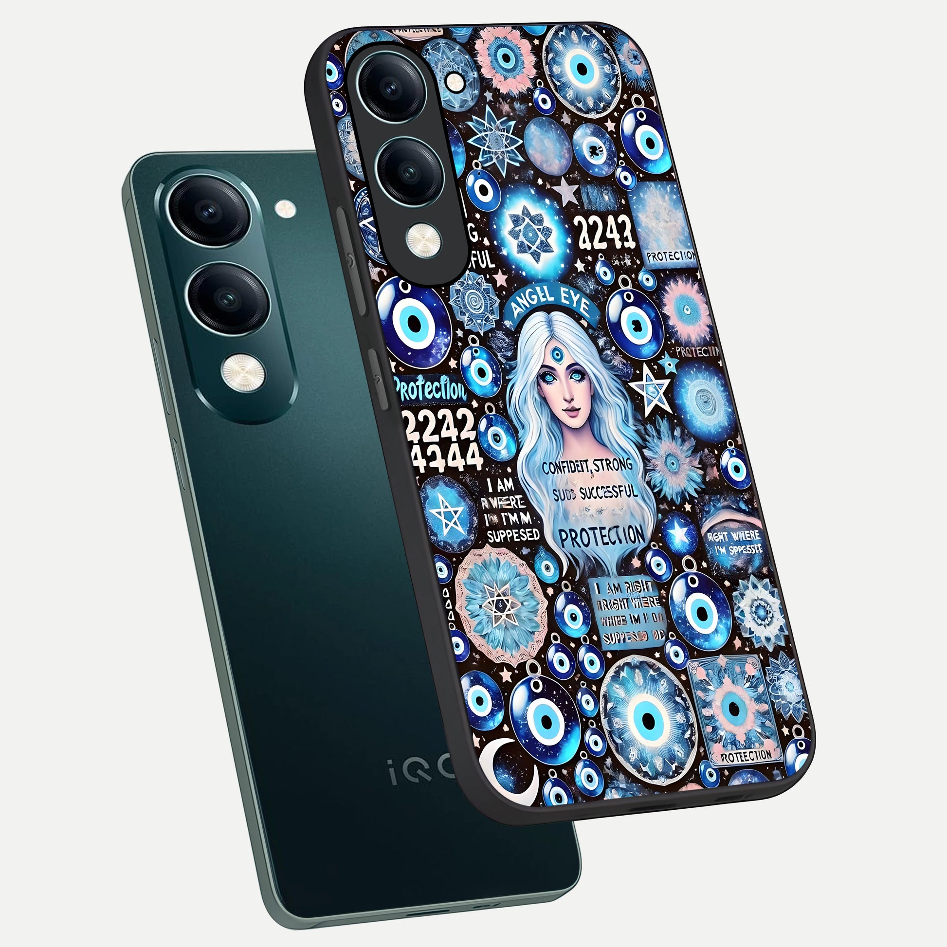  Angel Aura Shield phone case for iQOO Z10 Lite showing premium glass back cover with detailed artwork