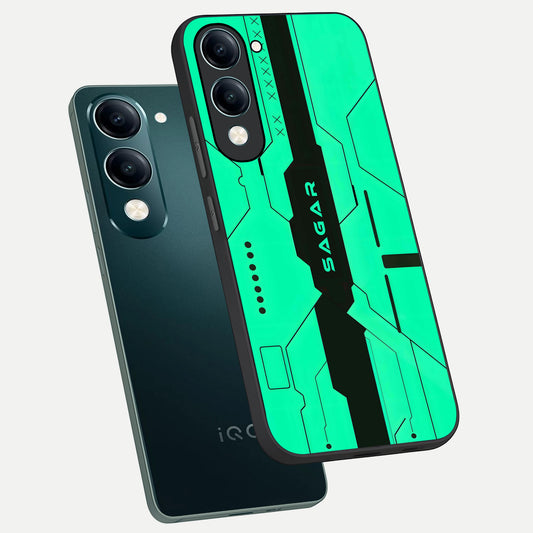  Aqua Tech CYBERPUNK Custom Name phone case for iQOO Z10 lite showing premium glass back cover with detailed artwork