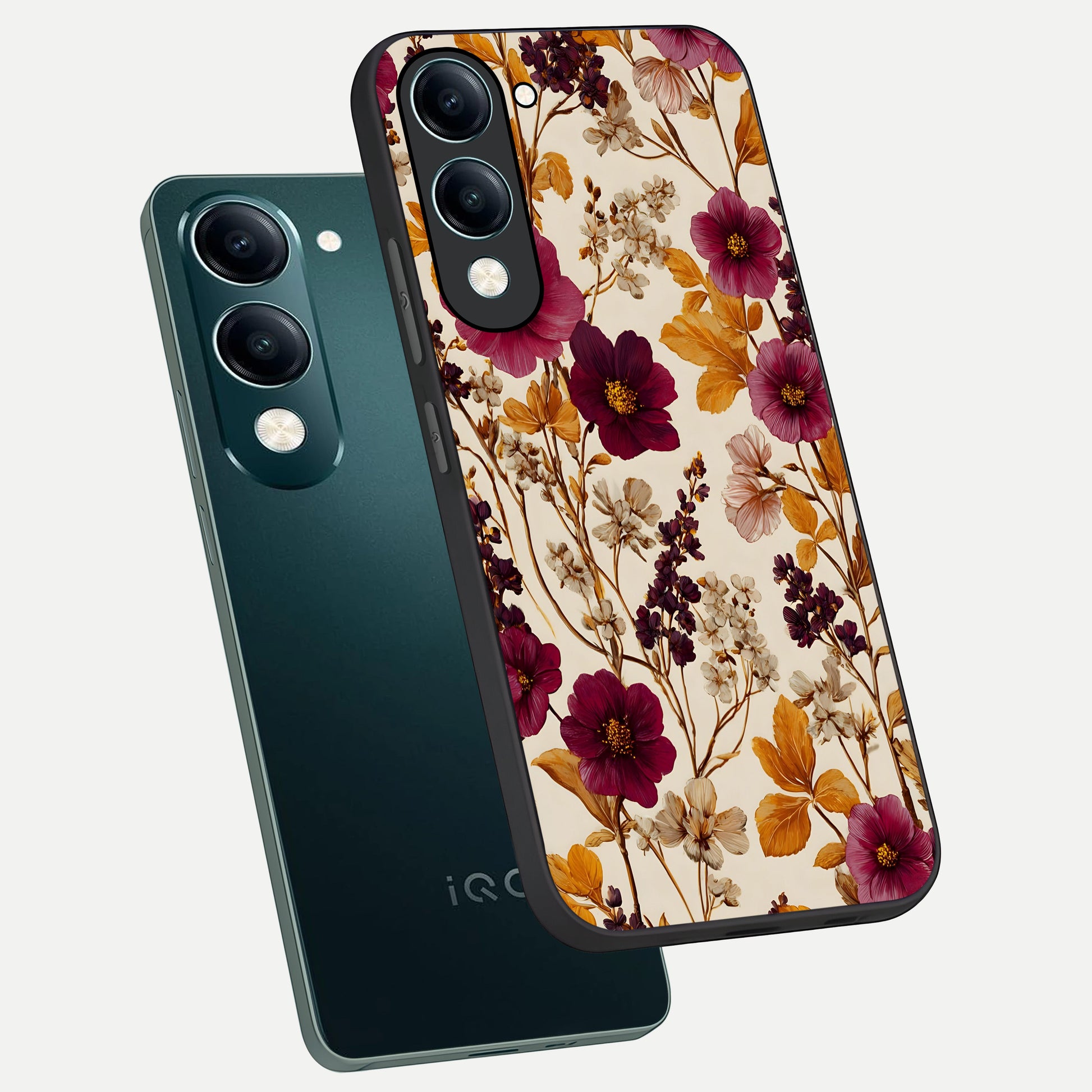  Autumn Wine Bloom phone case for iQOO Z10 Lite showing premium glass back cover with detailed artwork