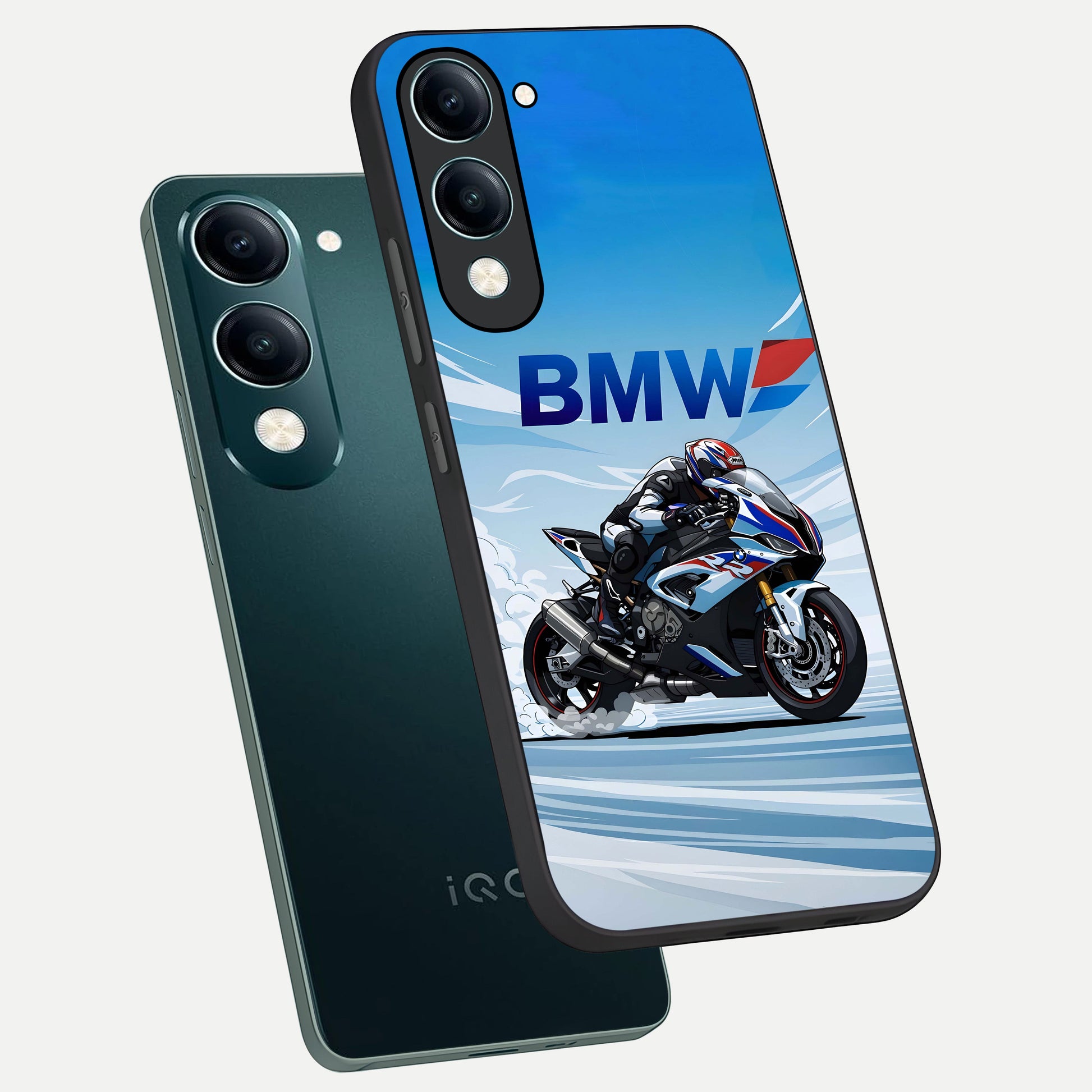  BMW Power Drift phone case for iQOO Z10 lite showing premium glass back cover with detailed artwork