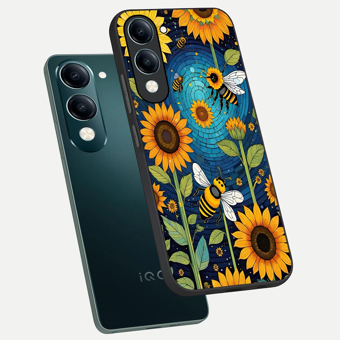  Bees And Sunflowers phone case for iQOO Z10 Lite showing premium glass back cover with detailed artwork