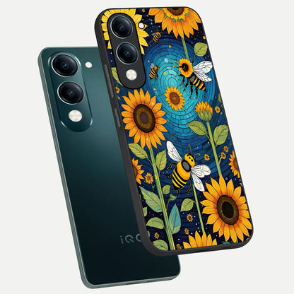  Bees And Sunflowers phone case for iQOO Z10 Lite showing premium glass back cover with detailed artwork