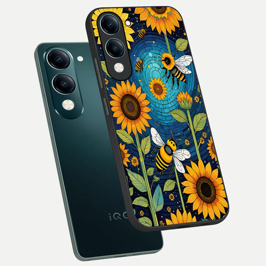  Bees And Sunflowers phone case for iQOO Z10 Lite showing premium glass back cover with detailed artwork