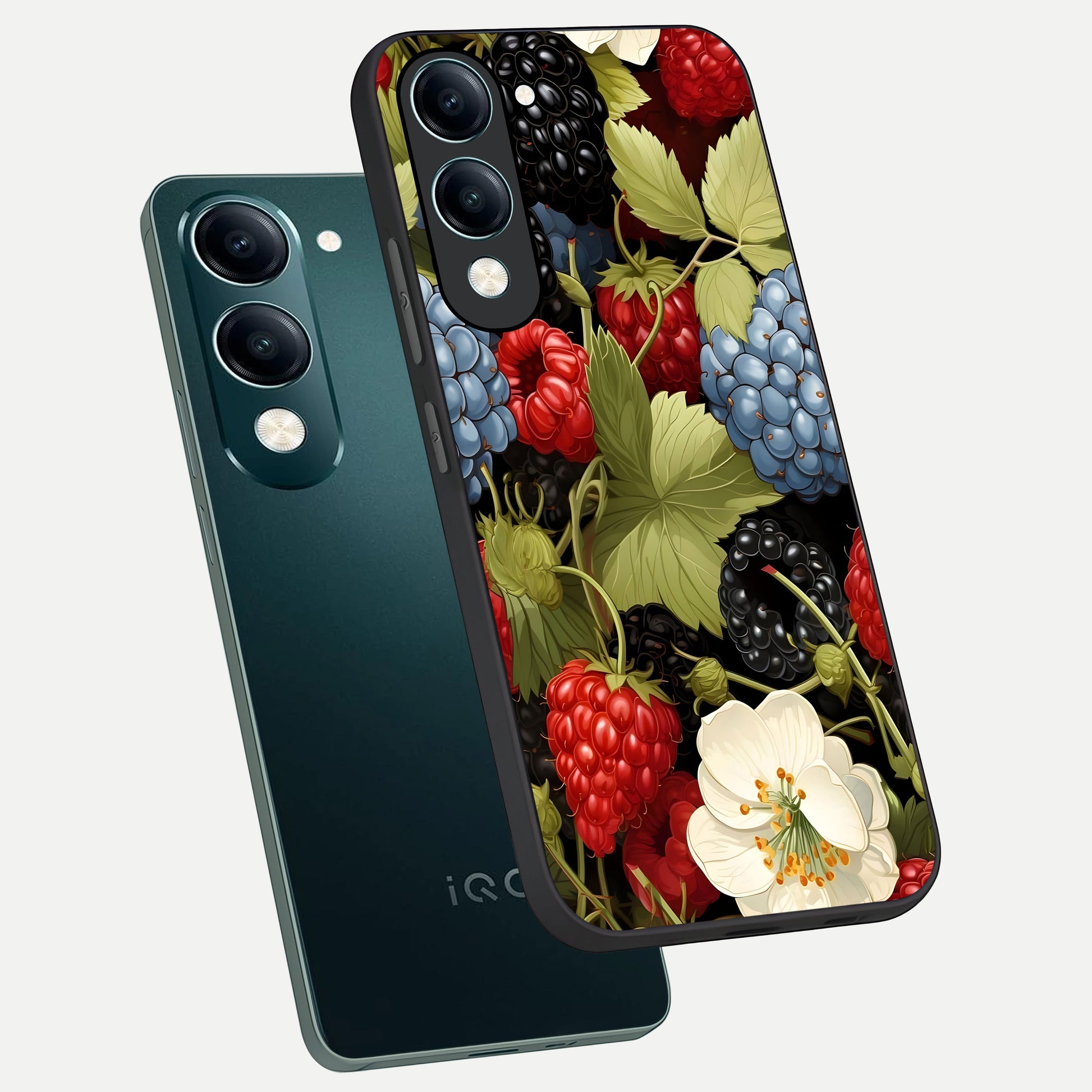  Berry Bloom Charm phone case for iQOO Z10 lite showing premium glass back cover with detailed artwork
