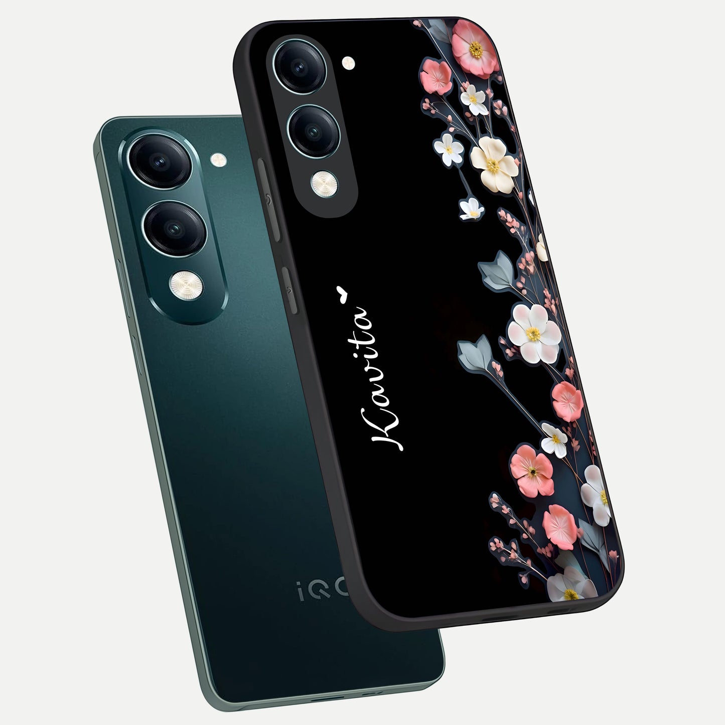  Black Elegance Floral Custom Name phone case for iQOO Z10 Lite showing premium glass back cover with detailed artwork