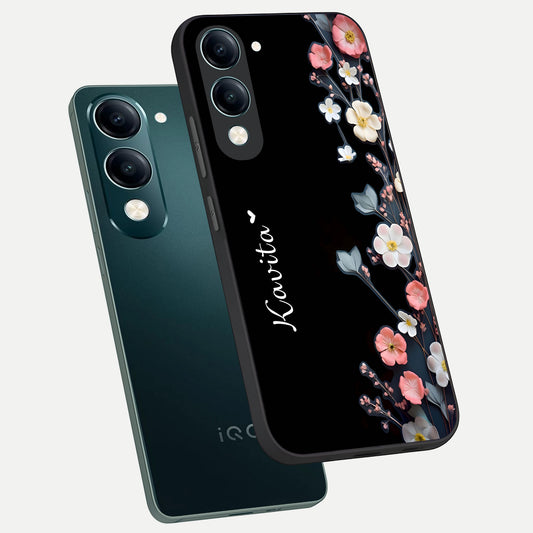  Black Elegance Floral Custom Name phone case for iQOO Z10 Lite showing premium glass back cover with detailed artwork
