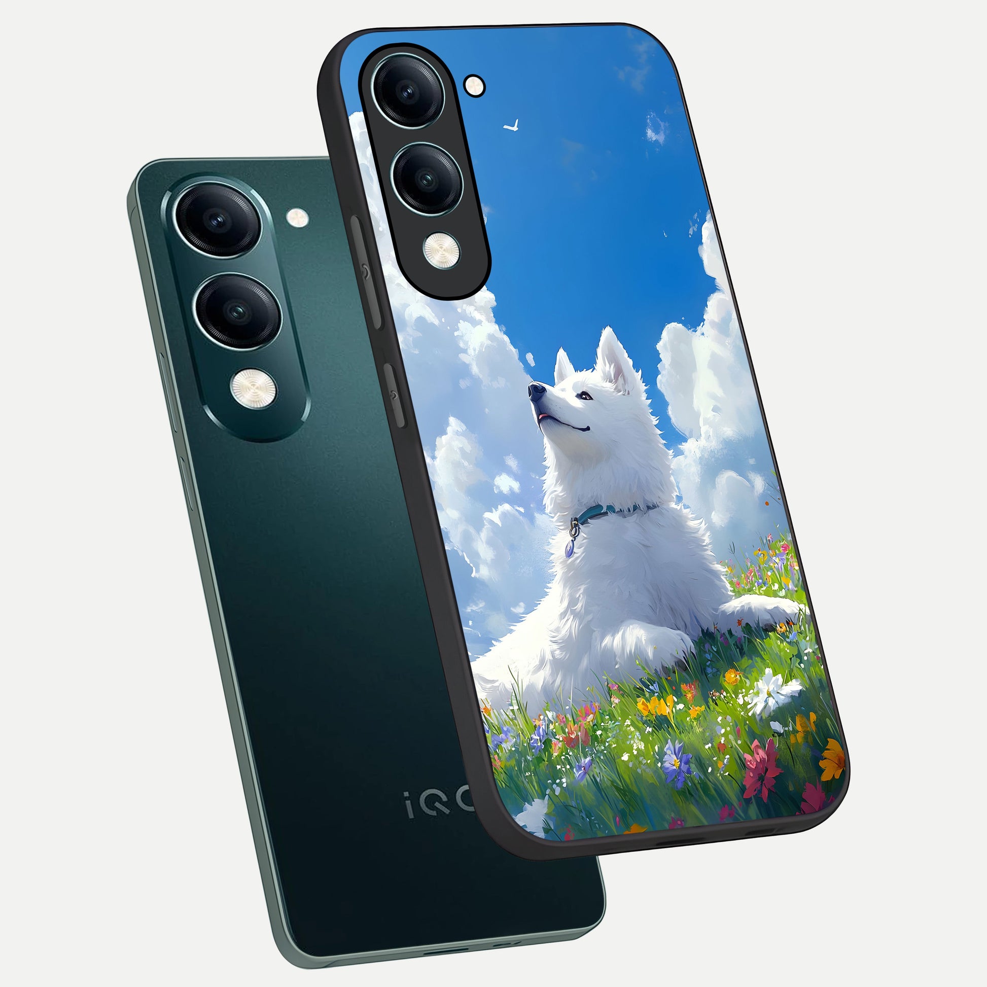  Blissful Cloud Pup phone case for iQOO Z10 Lite showing premium glass back cover with detailed artwork