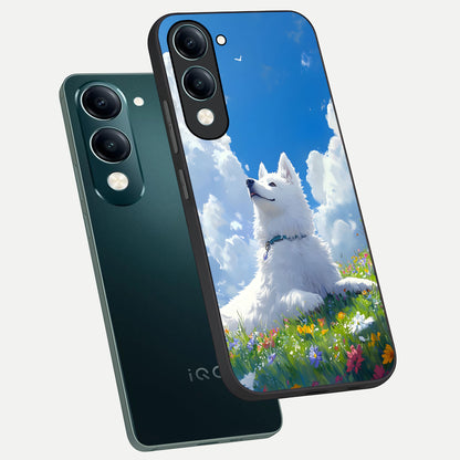  Blissful Cloud Pup phone case for iQOO Z10 Lite showing premium glass back cover with detailed artwork