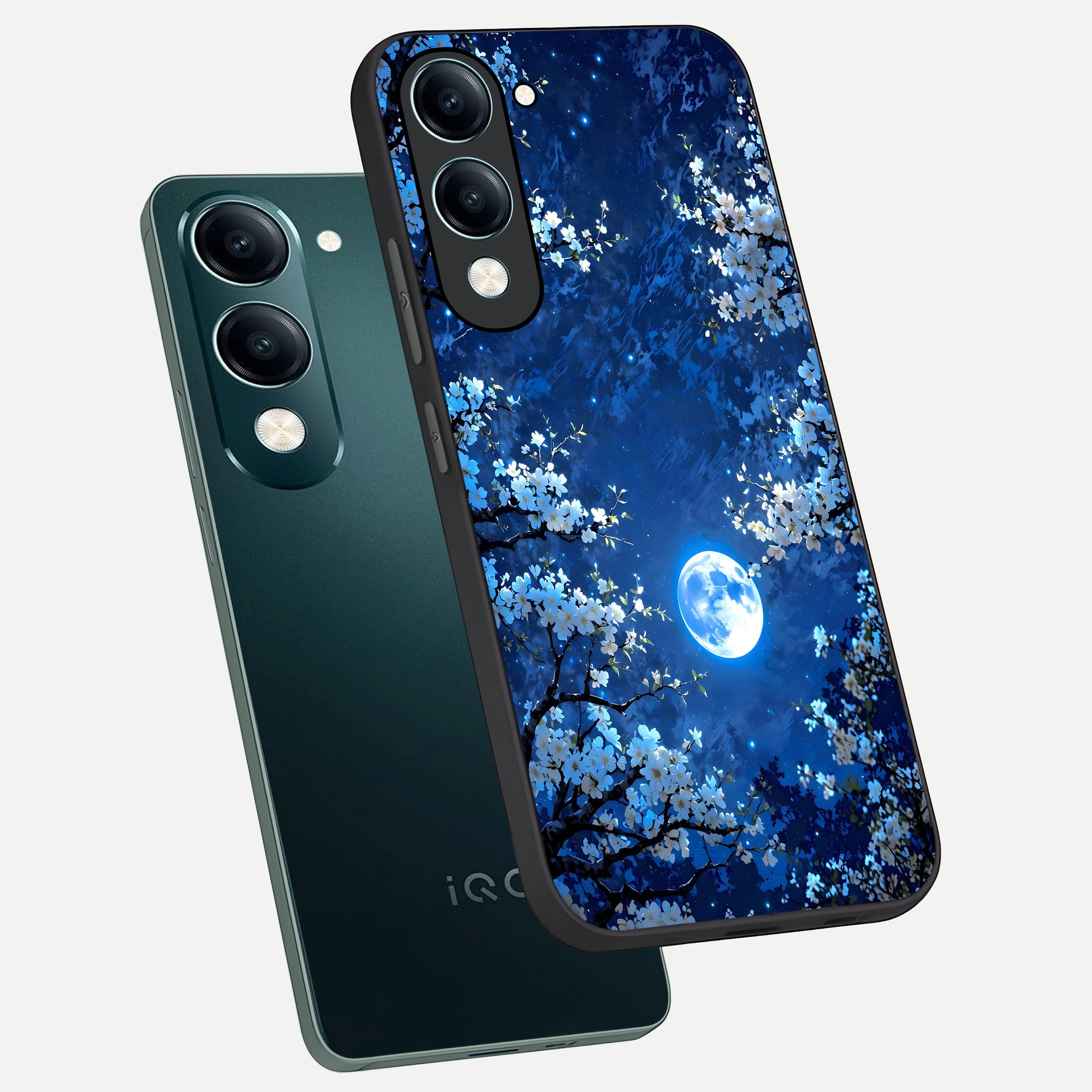  Blossom Moonlight Sky phone case for iQOO Z10 lite showing premium glass back cover with detailed artwork