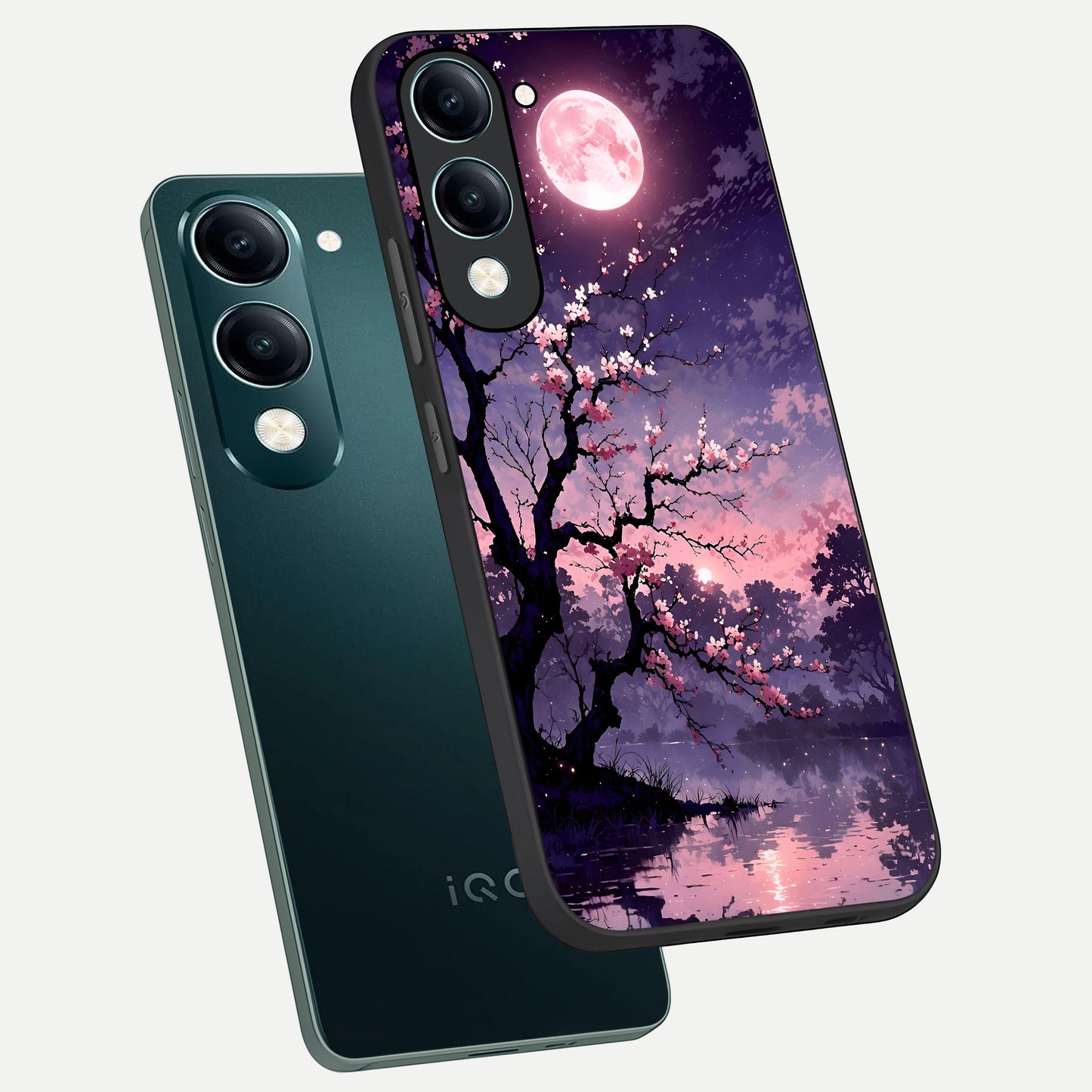 Blossom Pink Moon phone case for iQOO Z10 lite showing premium glass back cover with detailed artwork
