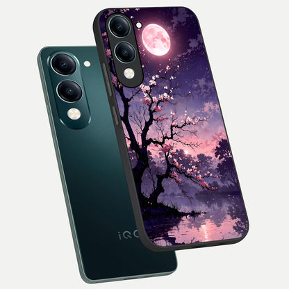  Blossom Pink Moon phone case for iQOO Z10 lite showing premium glass back cover with detailed artwork
