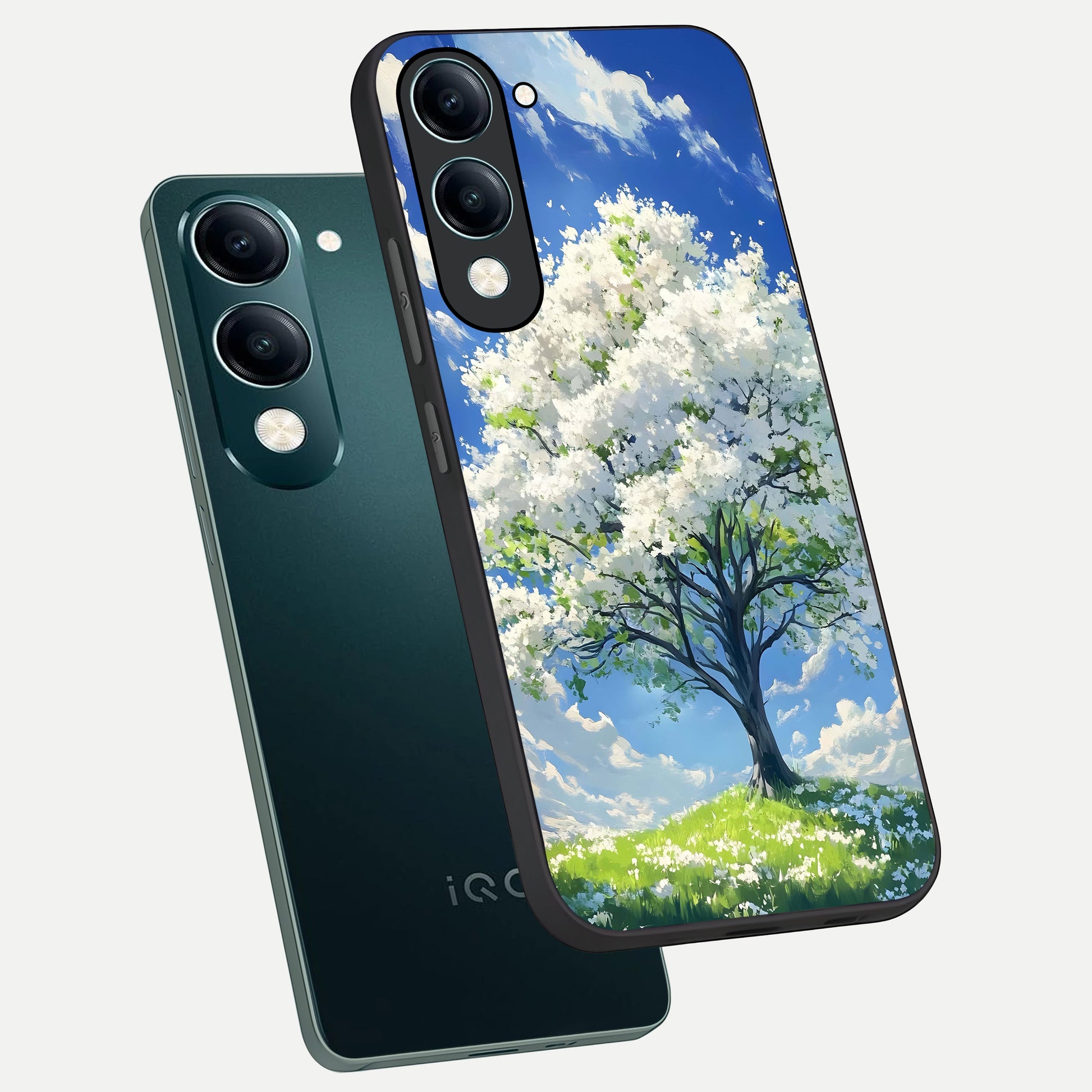  Blossom Sky Serenity phone case for iQOO Z10 Lite showing premium glass back cover with detailed artwork