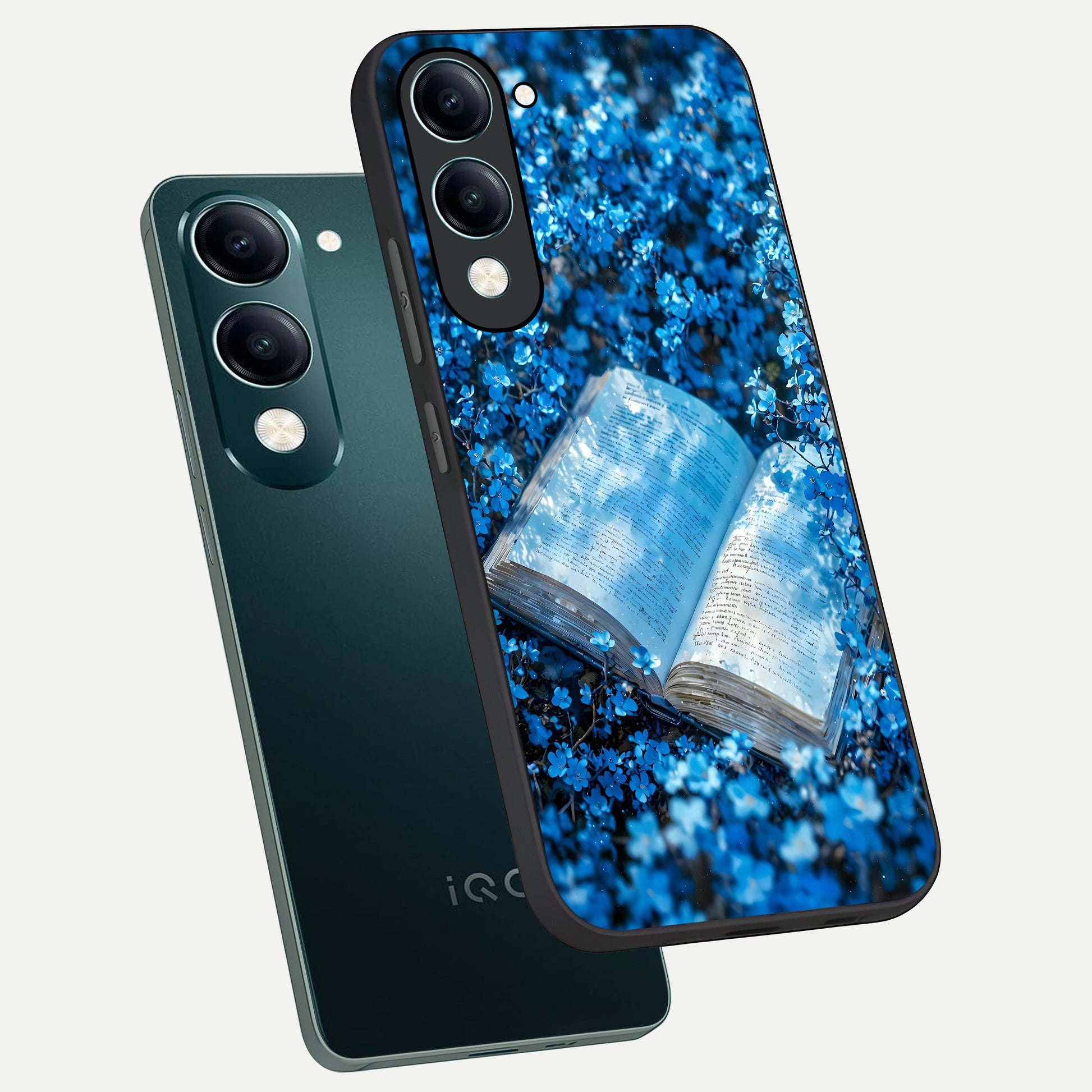  Blue Bloom Tales phone case for iQOO Z10 Lite showing premium glass back cover with detailed artwork