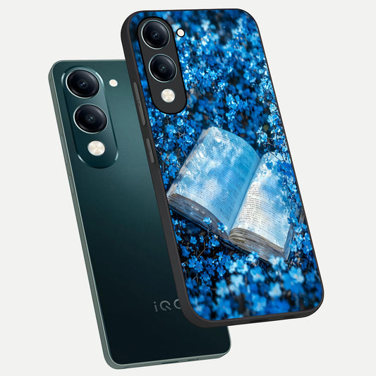  Blue Bloom Tales phone case for iQOO Z10 Lite showing premium glass back cover with detailed artwork