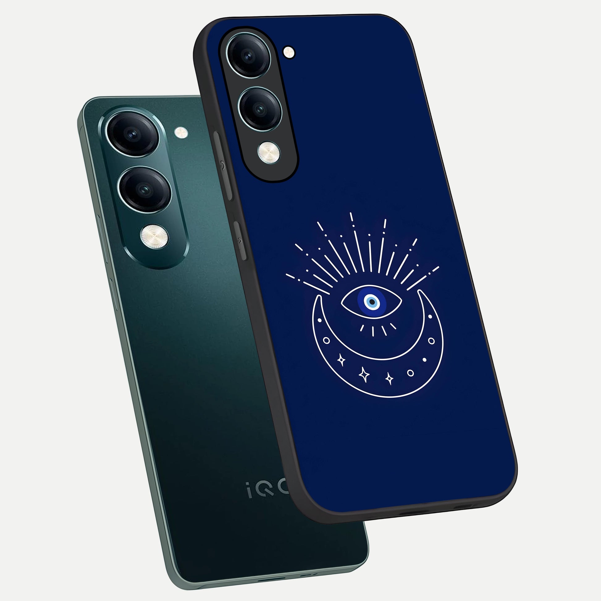  Blue Evil Eye phone case for iQOO Z10 Lite showing premium glass back cover with detailed artwork