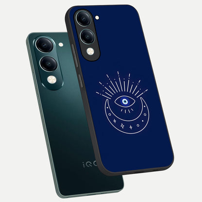  Blue Evil Eye phone case for iQOO Z10 Lite showing premium glass back cover with detailed artwork