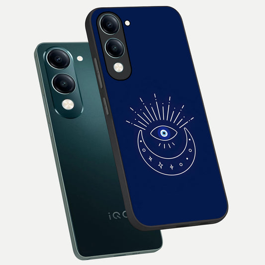 Blue Evil Eye phone case for iQOO Z10 Lite showing premium glass back cover with detailed artwork