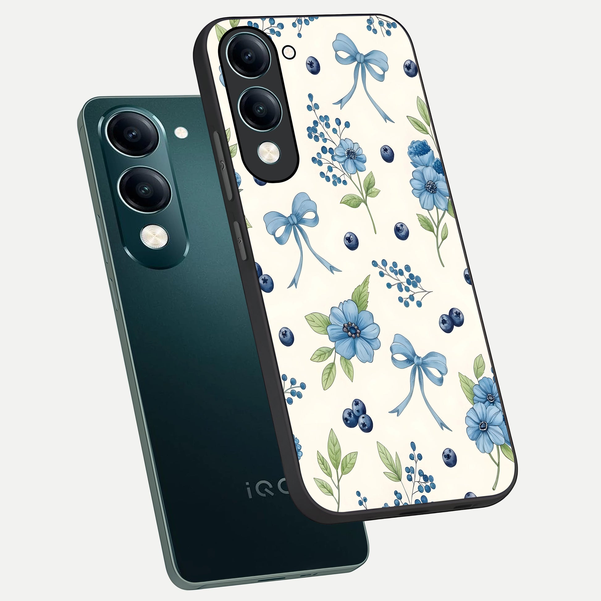  Blue Flower And Bow phone case for iQOO Z10 lite showing premium glass back cover with detailed artwork