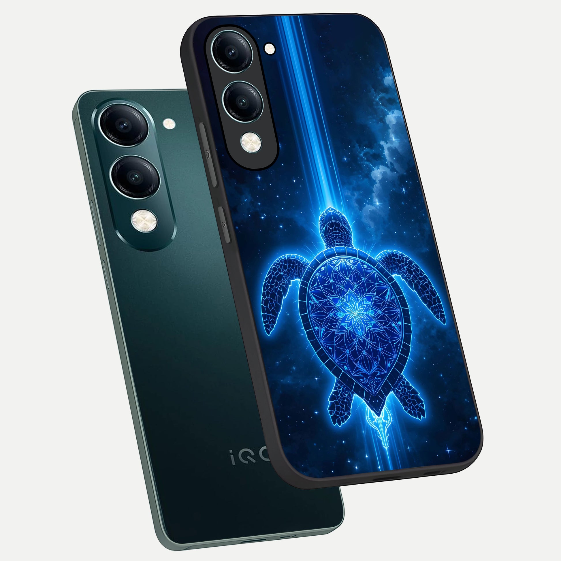  Blue Galaxy Turtle phone case for iQOO Z10 lite showing premium glass back cover with detailed artwork
