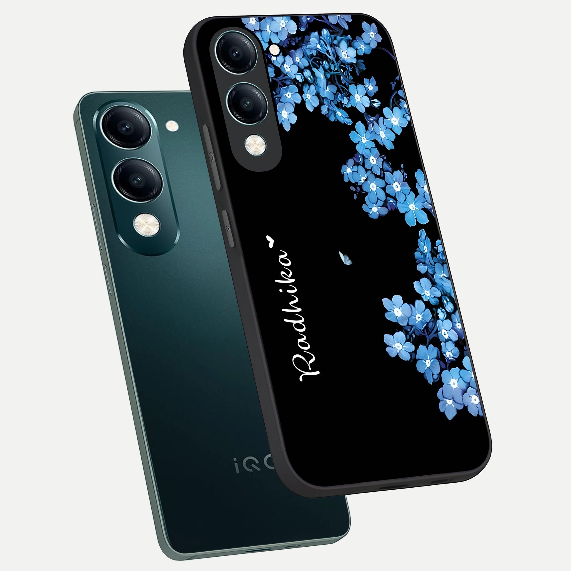  Blue Petal Dream Custom Name phone case for iQOO Z10 Lite showing premium glass back cover with detailed artwork