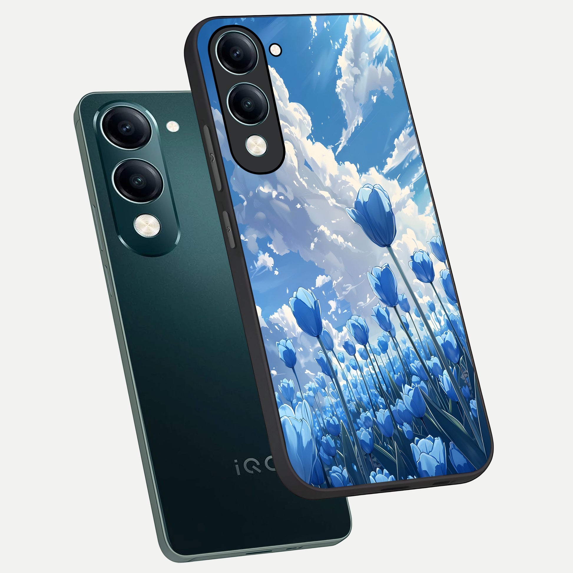  Blue Tulip Clouds phone case for iQOO Z10 Lite showing premium glass back cover with detailed artwork