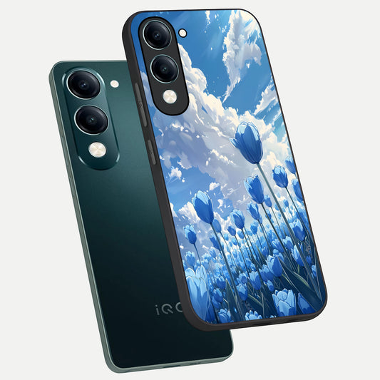  Blue Tulip Clouds phone case for iQOO Z10 Lite showing premium glass back cover with detailed artwork