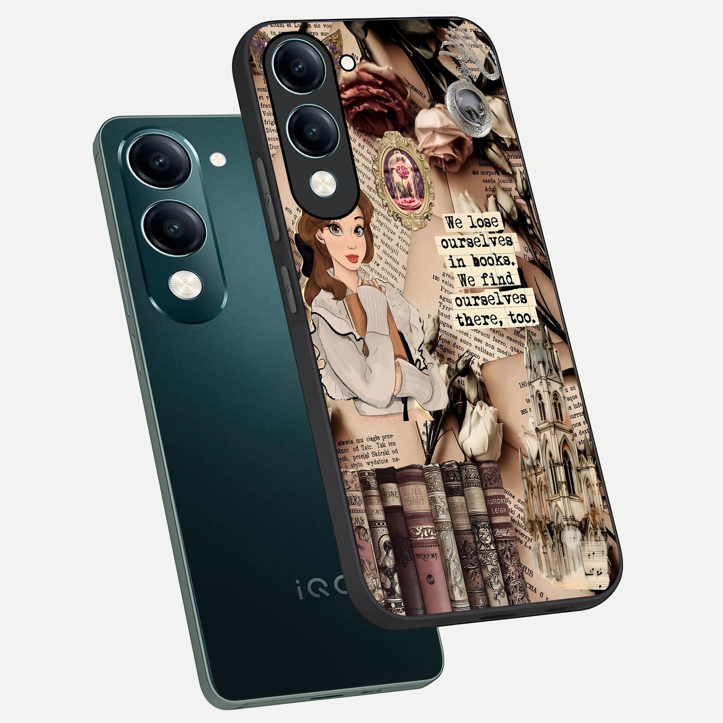  Bookish Dream World phone case for iQOO Z10 lite showing premium glass back cover with detailed artwork