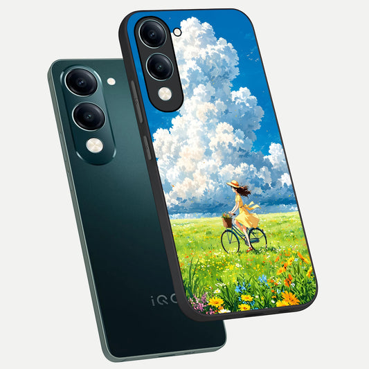  Breezy Meadow Ride phone case for iQOO Z10 lite showing premium glass back cover with detailed artwork