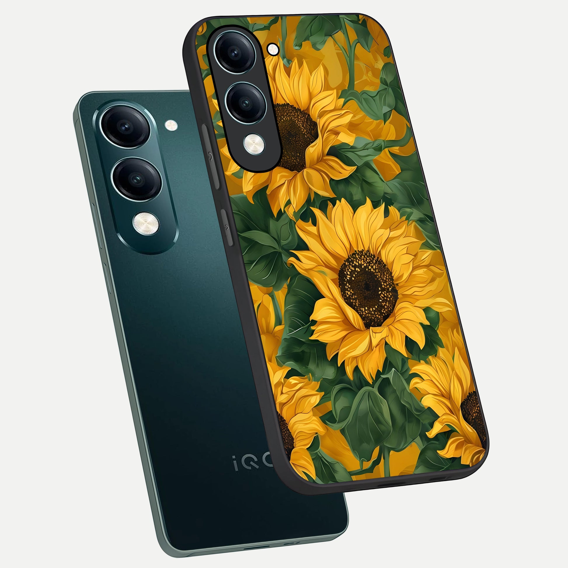  Bright Sunflower Bloom phone case for iQOO Z10 Lite showing premium glass back cover with detailed artwork