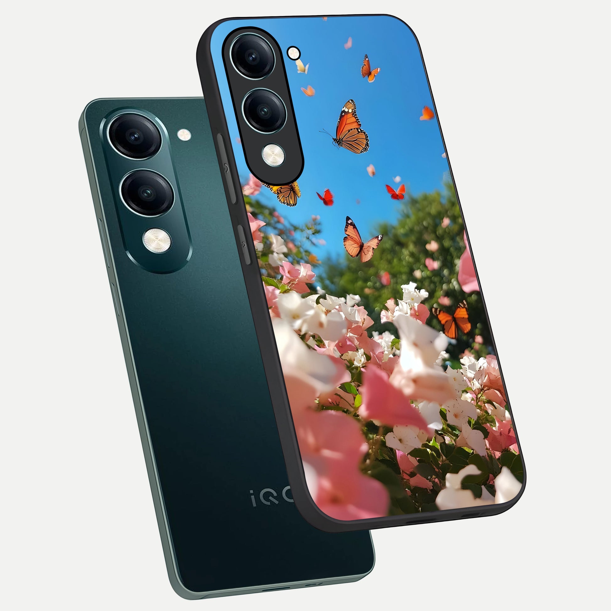  Butterflies In Bloom Sky phone case for iQOO Z10 lite showing premium glass back cover with detailed artwork