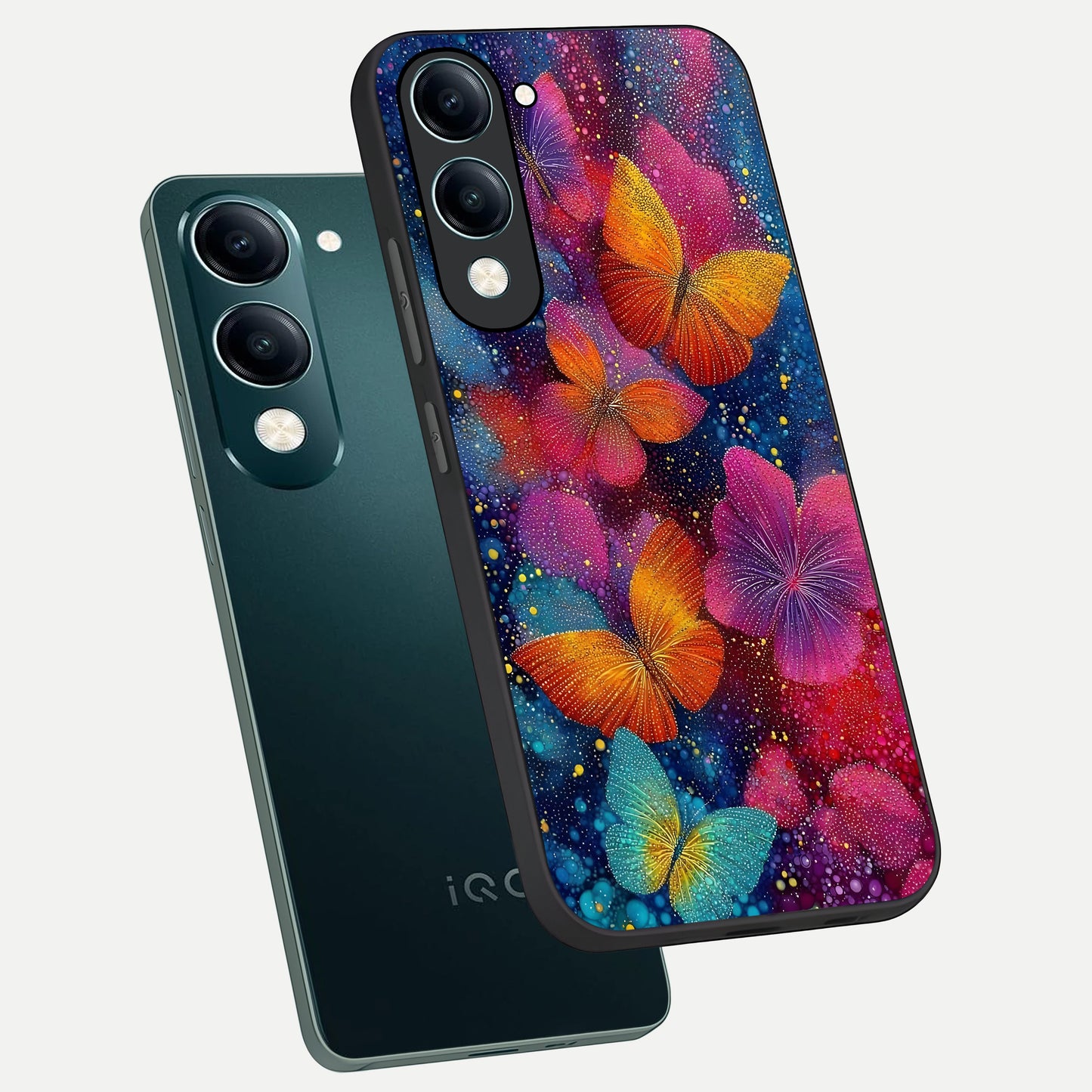  Butterfly Dream Mist phone case for iQOO Z10 lite showing premium glass back cover with detailed artwork