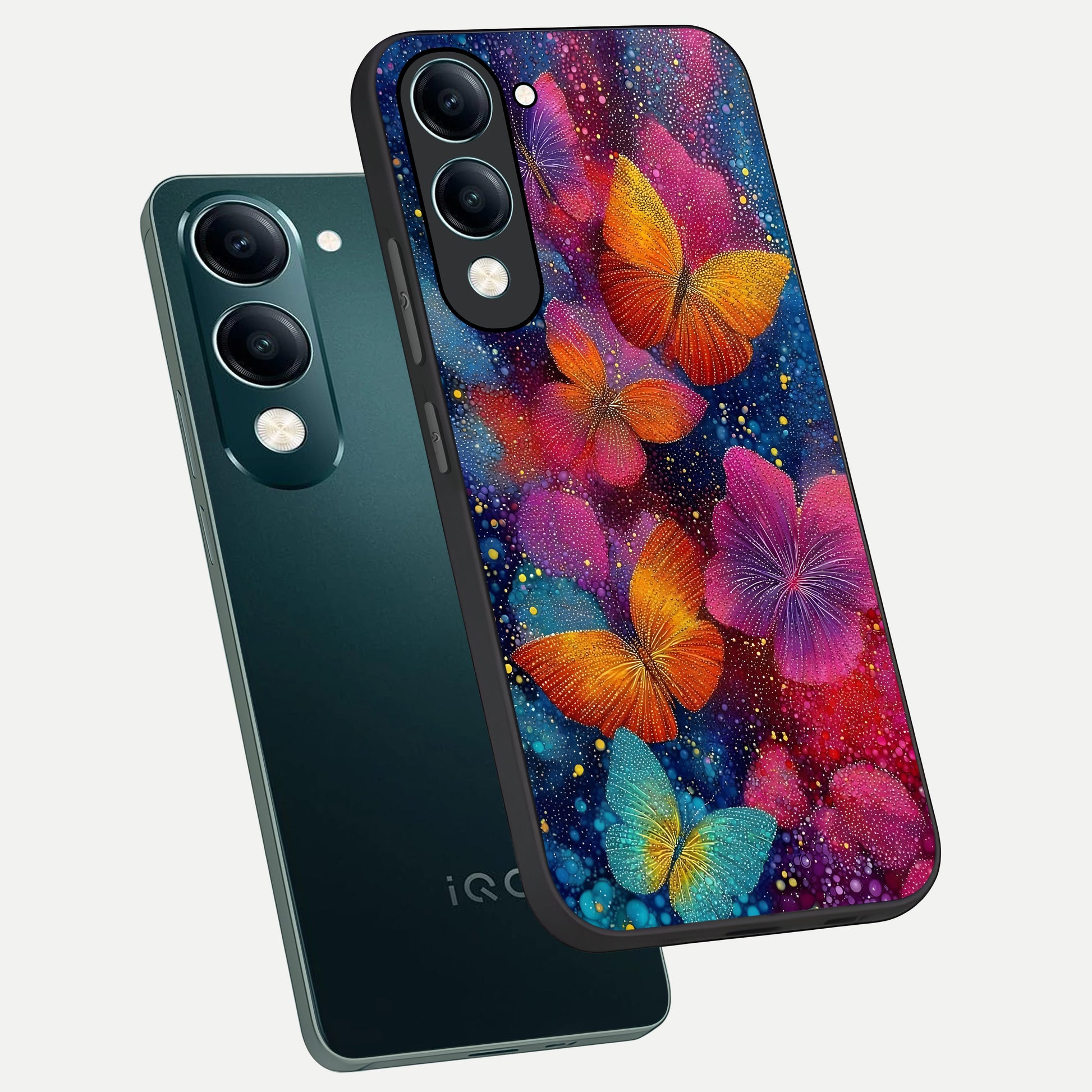  Butterfly Dream Mist phone case for iQOO Z10 lite showing premium glass back cover with detailed artwork