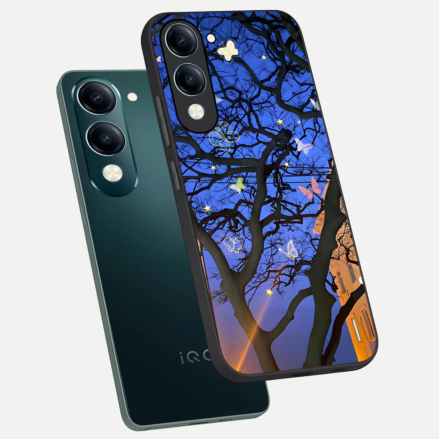  Butterfly Night Magic phone case for iQOO Z10 lite showing premium glass back cover with detailed artwork