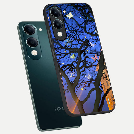  Butterfly Night Magic phone case for iQOO Z10 lite showing premium glass back cover with detailed artwork