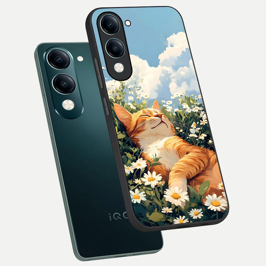  Cat And Flowers View phone case for iQOO Z10 Lite showing premium glass back cover with detailed artwork