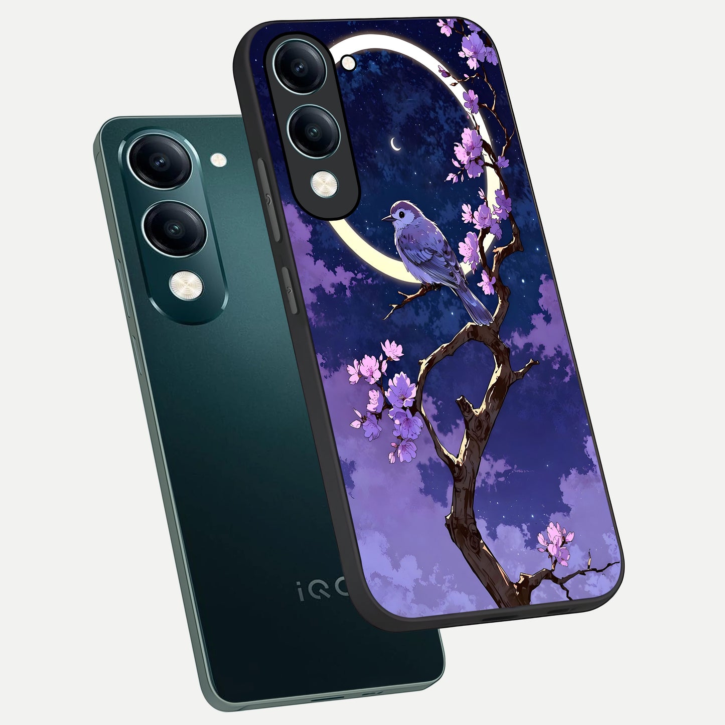  Celestial Bird Blossom phone case for iQOO Z10 lite showing premium glass back cover with detailed artwork