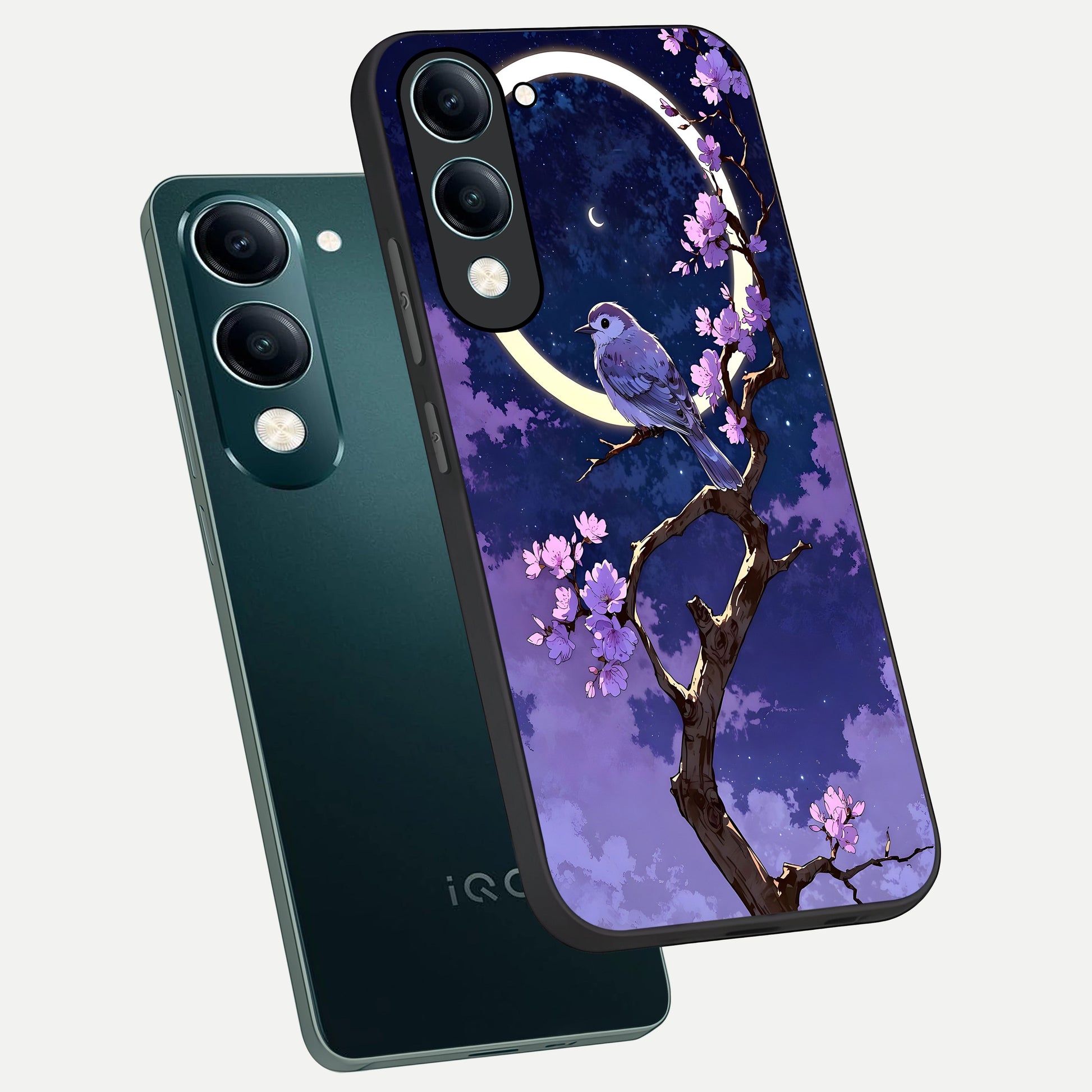  Celestial Bird Blossom phone case for iQOO Z10 lite showing premium glass back cover with detailed artwork