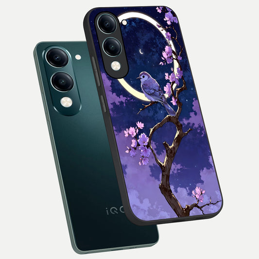  Celestial Bird Blossom phone case for iQOO Z10 lite showing premium glass back cover with detailed artwork