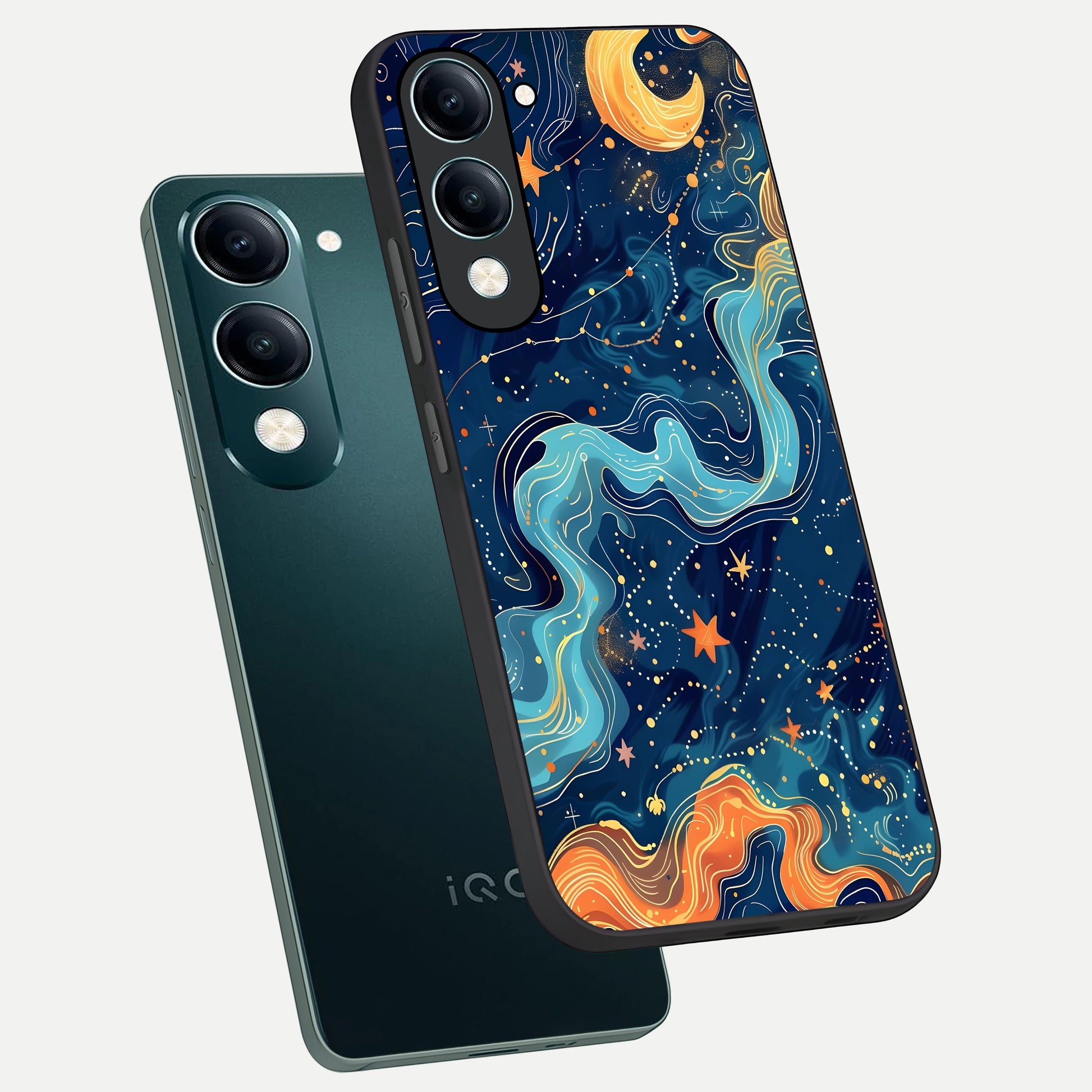  Celestial Dream Flow phone case for iQOO Z10 lite showing premium glass back cover with detailed artwork