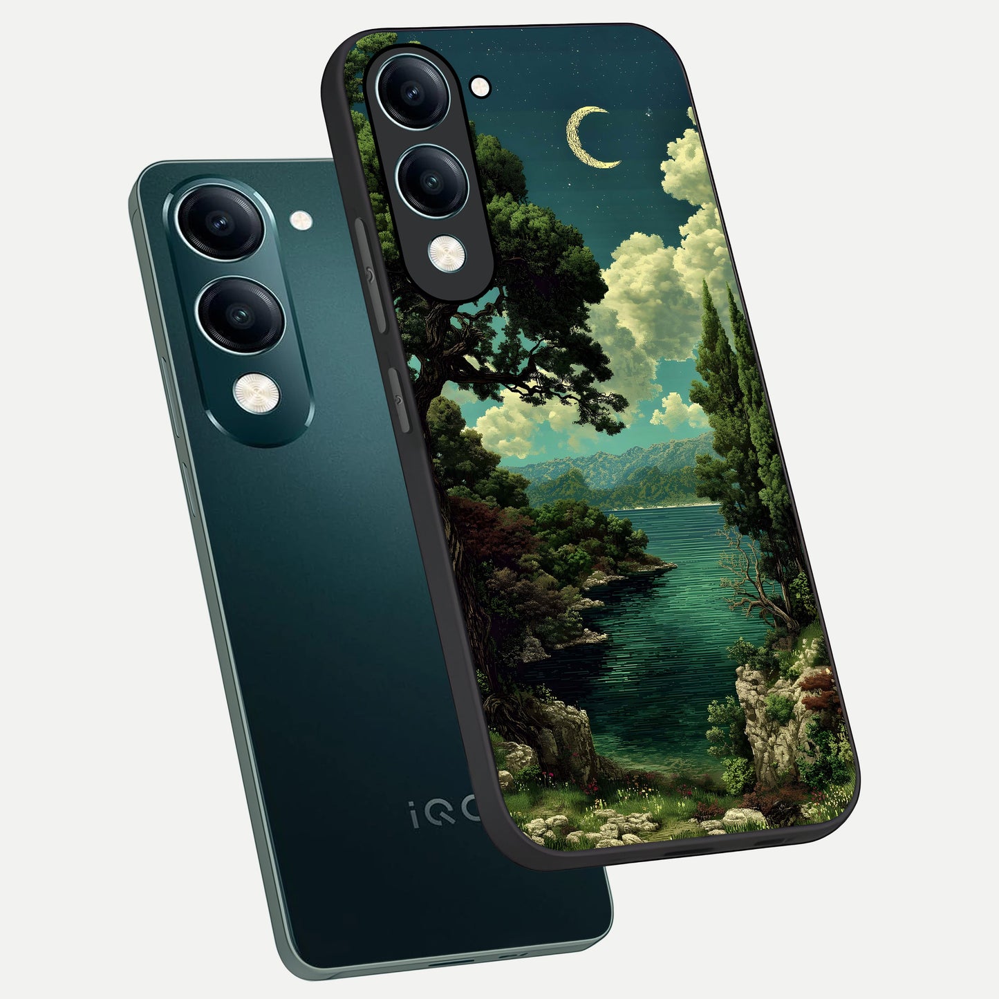  Celestial Lake Peace phone case for iQOO Z10 lite showing premium glass back cover with detailed artwork