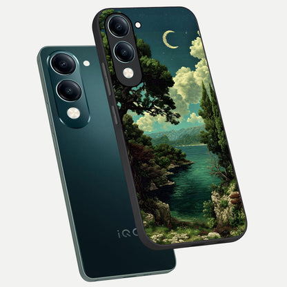  Celestial Lake Peace phone case for iQOO Z10 lite showing premium glass back cover with detailed artwork