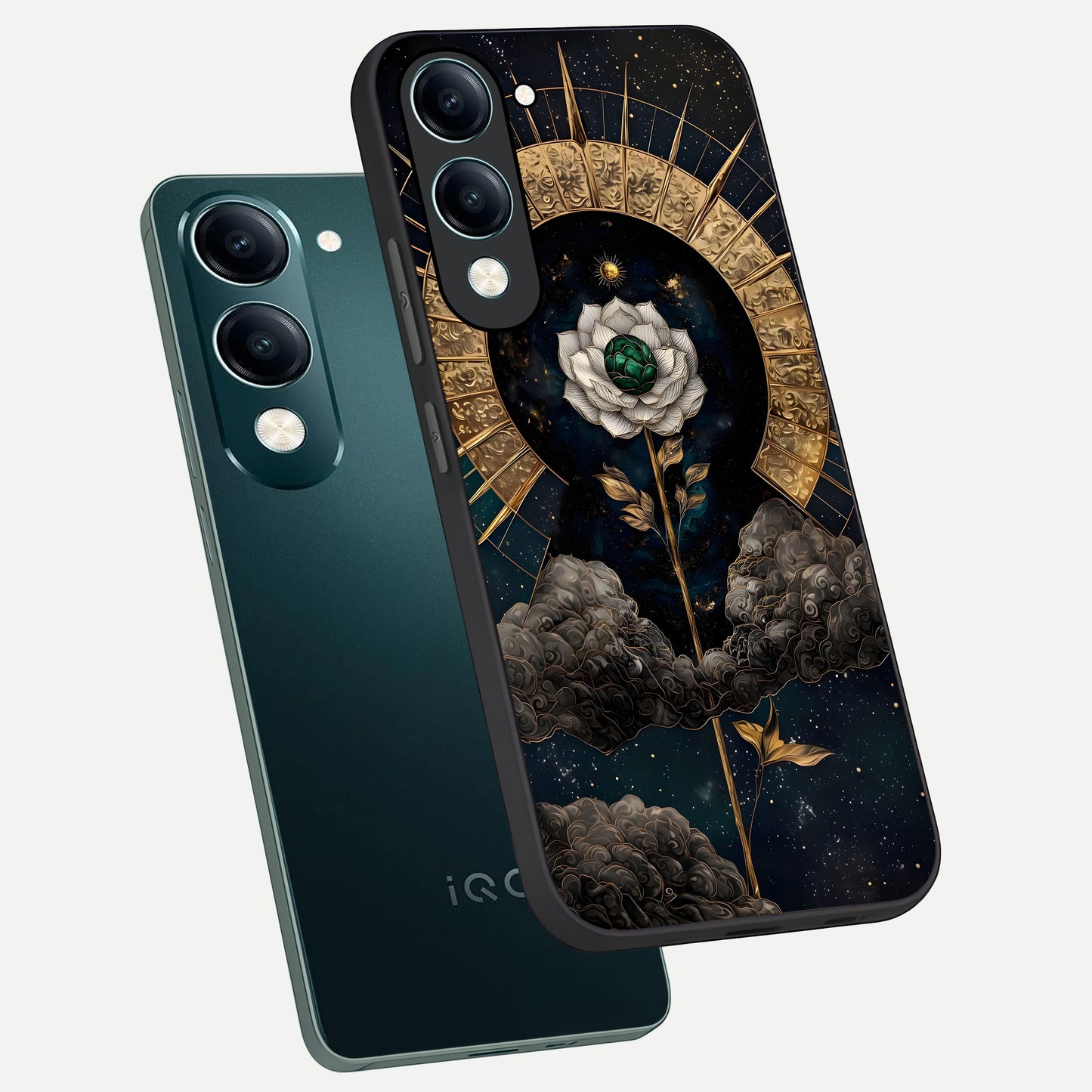  Celestial Lotus Morang phone case for iQOO Z10 Lite showing premium glass back cover with detailed artwork